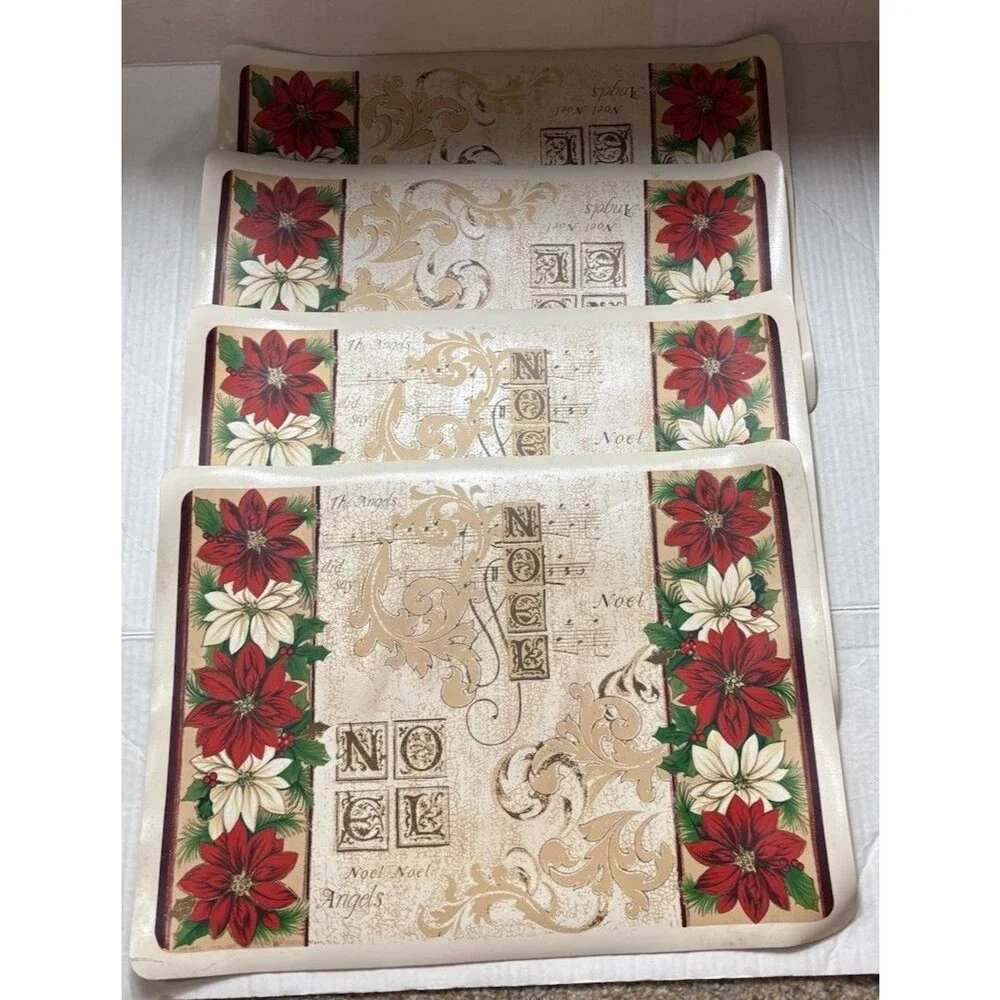 Holiday Time Christmas Poinsettia Vinyl Placemats Set of 4 13x18 Noel